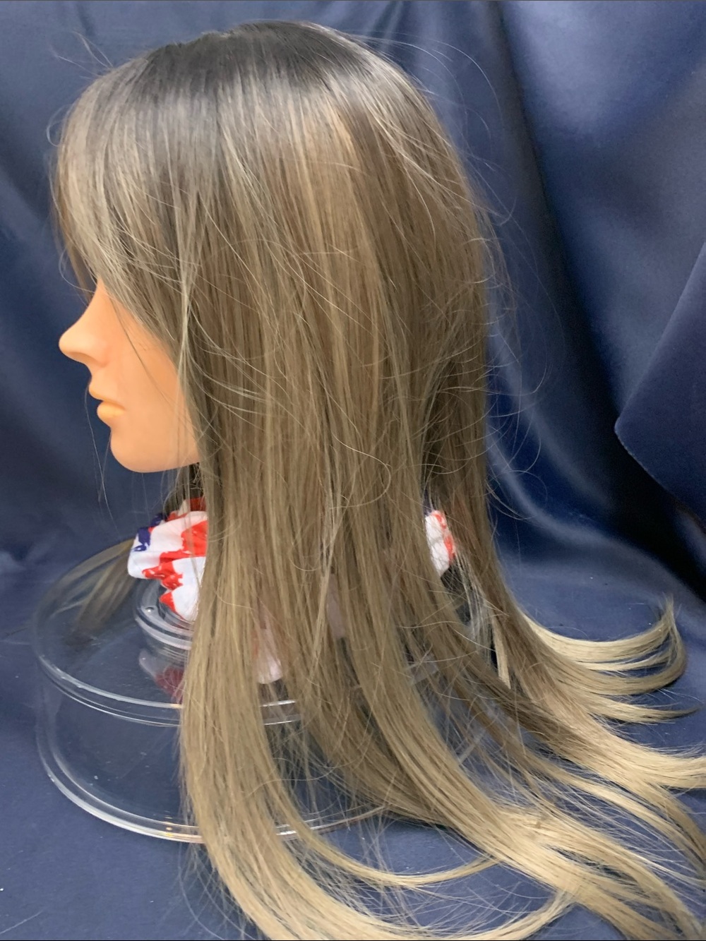 Long Straight Ash Blonde Ombre Synthetic Wig with Bangs & Dark Roots